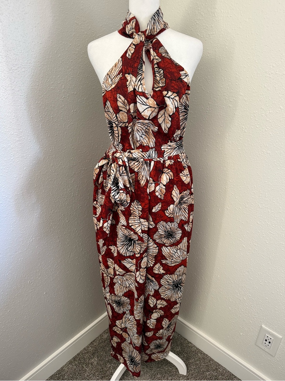 NY & Company Rust Floral Halter Wide Leg Jumpsuit Tie Waist Size Medium